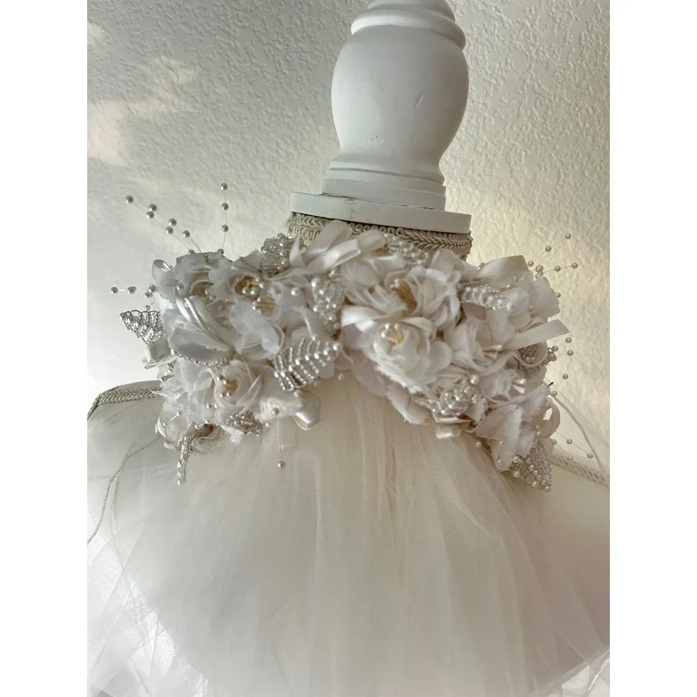 Vintage Floral Bridal Headpiece Veil White Satin Flowers Pearl Sprays